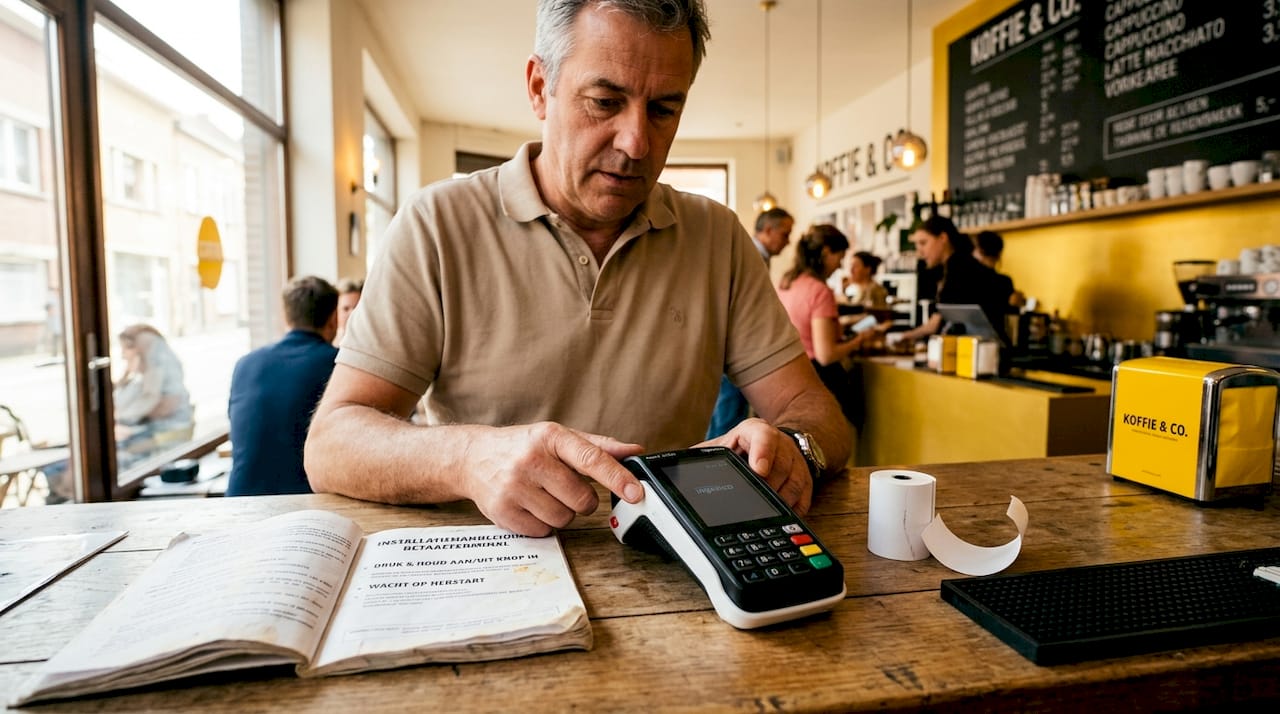 Man start betaalterminal opnieuw op toonbank